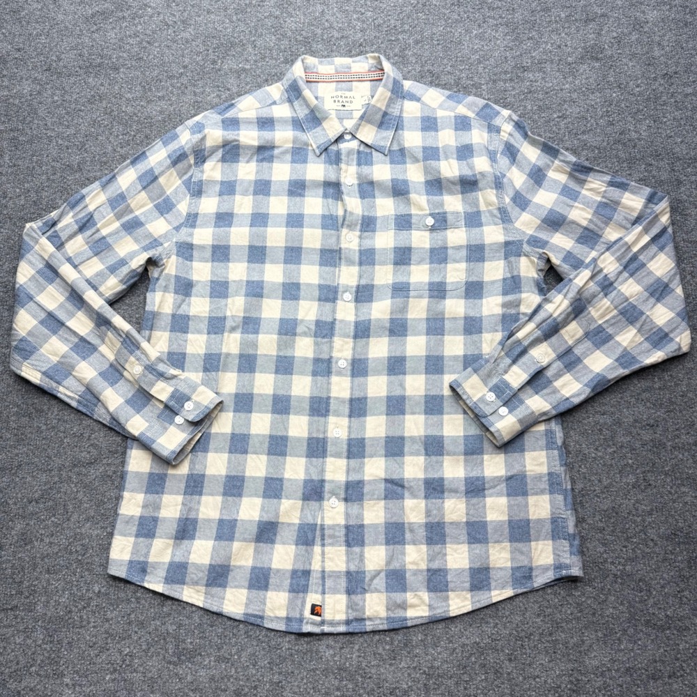 The Normal Brand Mens Blue Cream Buffalo Check Cotton Button Down Shirt Large